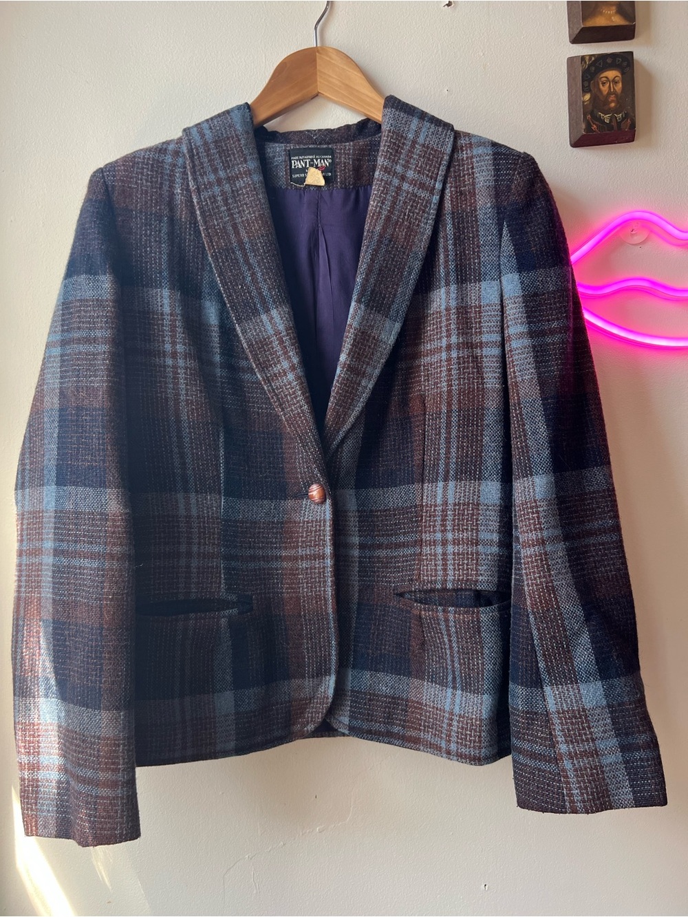 Pant Man Vintage Plaid Blazer in Brown and Blue Tweed Plaid